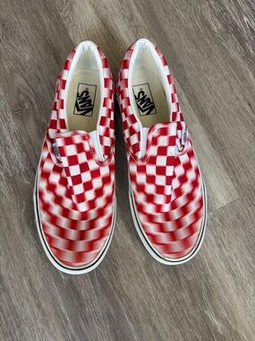 Vans Slip-On Checkerboard Sneakers in Red and White Trippy blurred checkers.